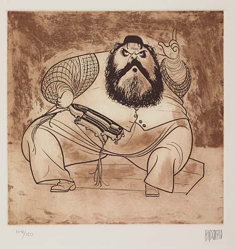 Zero Mostel [in Fiddler on the Roof]. Etching. 10 3/4x10 3/4 inches. Signed and numbered 104/150 in pencil, lower margin. 1975.